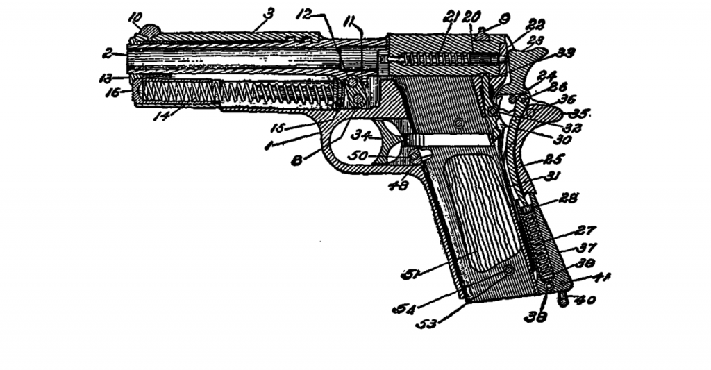 A 1940 DIAGRAM OF A COLT 1911 SEMIAUTOMATIC. THE MILITARY-ISSUED HANDGUN INCLUDED A GRIP SAFETY.